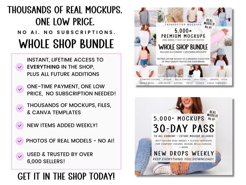 The image is a promotional advertisement for a whole shop bundle that offers thousands of real mockups, including 5,000+ premium mockups, instant access to everything in the shop, and new items added weekly. The bundle also provides 30-day passes to access all current and future releases, and it is used and trusted by over 6,000 sellers. The advertisement emphasizes that the bundle is one low price, noai, no subscriptions, and includes all current and future releases.