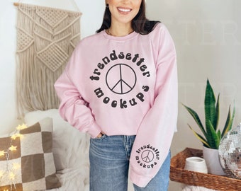 Gildan 18000 Light Pink Mockup, Pink Crewneck Sweatshirt Sleeve Mock-up, Trendy Minimalist Boho G18000 Pullover, Free Unisex Size Chart