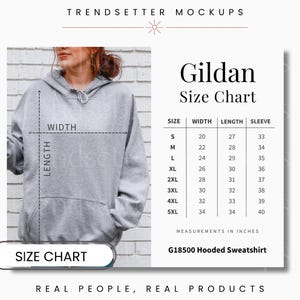 Gildan 18500 Größentabelle, 18500 Gildan Sweatshirt Unisex Größentabelle, Kapuzen-Sweatshirt Größentabelle, Gildan Mockup, G18500 Größentabelle