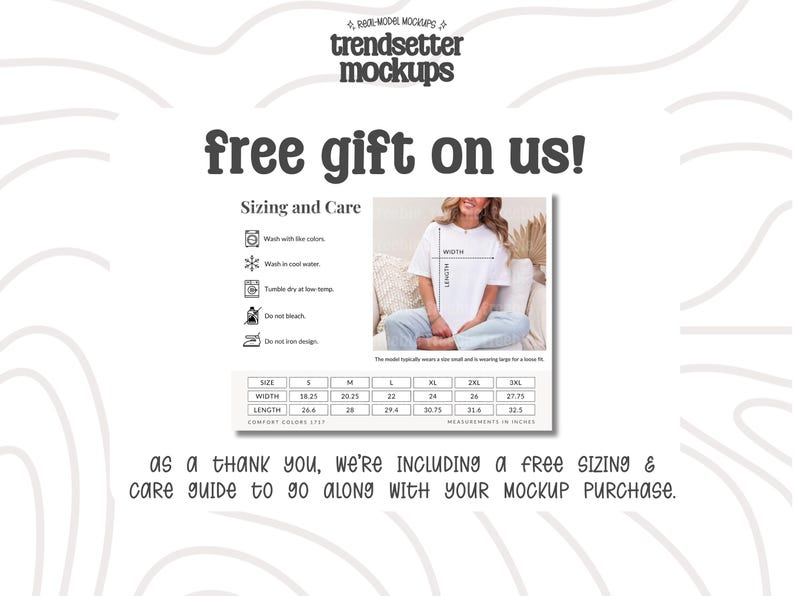 The image is a promotional graphic for a clothing brand, featuring a woman sitting on a couch and a size guide for their clothing items. The text encourages viewers to purchase the size guide along with their mockup purchase.