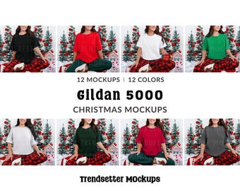 May include: A mockup featuring eight different colored Gildan 5000 t-shirts. The shirts are displayed with Christmas-themed pajama pants. The image includes the text "12 MOCKUPS | 12 COLORS" and "Gildan 5000 CHRISTMAS MOCKUPS" and "Trendsetter Mockups".