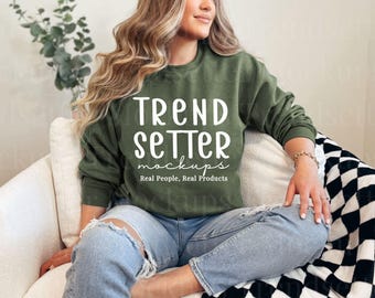 Gildan 18000 Military Green Mockup, G18000 Crewneck Sweatshirt, Real Person Model