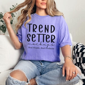 Comfort Colors 1717 Violet Mockup, CC1717 Oversized Tee Horizonal Mock-up, Trendy Retro Checkered Purple Crewneck Tshirt, Real Person Model