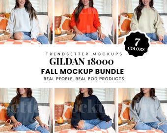 Gildan 18000 Fall Mockup Bundle, G18000 Crewneck Thanksgiving Collection, Trendy Halloween Shop Bundle, Popular Unisex Sweatshirt Mock-ups
