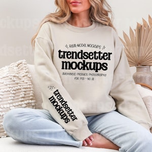 Gildan 18000 Sleeve Mockup Bundle: Boho G18000 Sweatshirt Mocks, Real Model image 7