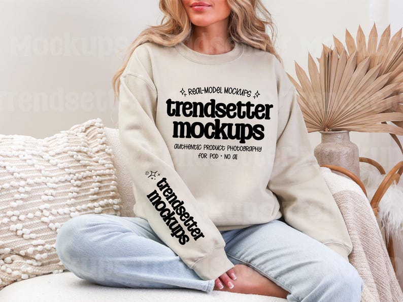 Gildan 18000 Sleeve Mockup Bundle: Boho G18000 Sweatshirt Mocks, Real Model image 7