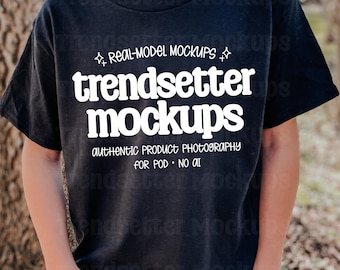 Gildan 5000B Black Mockup, Kids Youth T-Shirt, Real Person Model