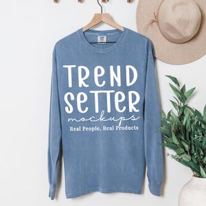 Comfort Colors 6014 Blue Jean Flatlay Mockup | CC6014 Blue Long Sleeve Tshirt Mock-up | Hanging Flat Lay Mock | Trendy Neutral Boho Flat Lay