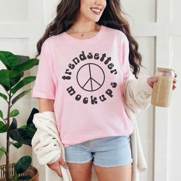 Bella Canvas 3001 Pink Mockup, BC3001 Trendy Spring Mock-Up, Simple Blank Tshirt Mock for POD Shops, Free Unisex Size Chart