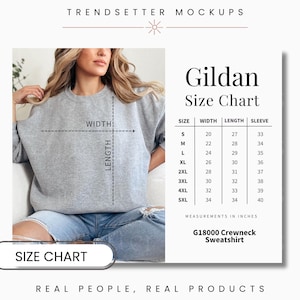 Gildan 18000 Größentabelle, G18000 Sweatshirt Crewneck Unisex Größentabelle, Einfache Messtabelle, Größentabelle, Auflistung Infografik