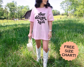 Bella Canvas 3001 Pink Mockup, Bella and Canvas Western Mock-up, Pink Oversized Shirt Mockup, Cowgirl Aesthetic Mock-up Model, Size Chart