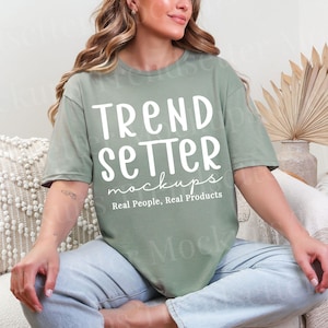 Gildan 64000 Sage Tshirt Mockup | G64000 Sage T-Shirt Mock-up | Real Person Model | G640 Softstyle Tee | Trendy Boho Aesthetic