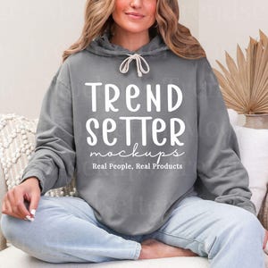 Comfort Colors 1467 Grey Hoodie Mockup | CC1467 Grey Hooded Sweatshirt Mock-up | Real Person Model | Trendy Boho Aesthetic