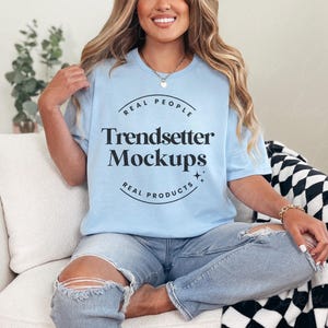 Gildan 64000 Light Blue Mockup, G64000 Blue Simple Oversized Tee Mock-up, Trendy Checkered Mock, High Quality G640 PNG, Real Human Model