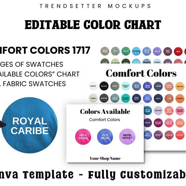 Comfort Colors 1717 Color Chart, CC1717 Fabric Swatches, Editable Canva Template