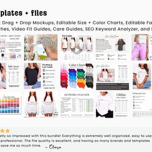 May include: A digital product bundle with the text "templates + files" and a list of included items: mockups, size charts, color charts, fabric swatches, fit guides, care guides, and a keyword analyzer. The image includes various product mockups and size charts.