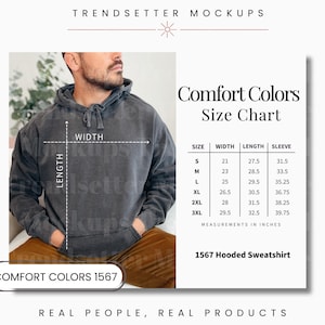 Mens Comfort Colors 1567 Size Chart, CC1567 Comfort Colors Unisex Size Chart, Oversized Hooded Sweatshirt, Comfort Colors Mockups
