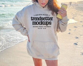 Gildan 18500 Sand Hoodie Mockup, Beach G18500 Hooded Sweatshirt, Real Person Model