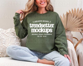 Gildan 18000 Military Green Mockup, G18000 Crewneck Sweatshirt, Boho Lifestyle Mock-up, Real Person Model