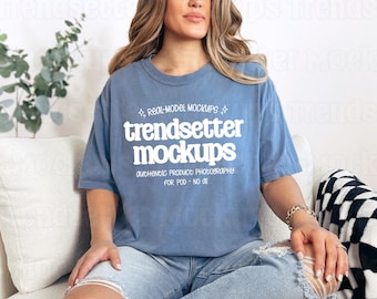 Maqueta de jeans Comfort Colors 1717, camiseta CC1717, modelo de persona real