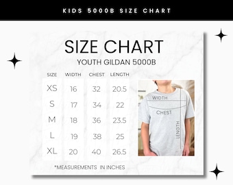 Gildan 5000B Youth Size Chart, Unisex Gildan G5000B Size Chart, Gildan Shirt Kids Size Chart, Gildan 5000B Mockup