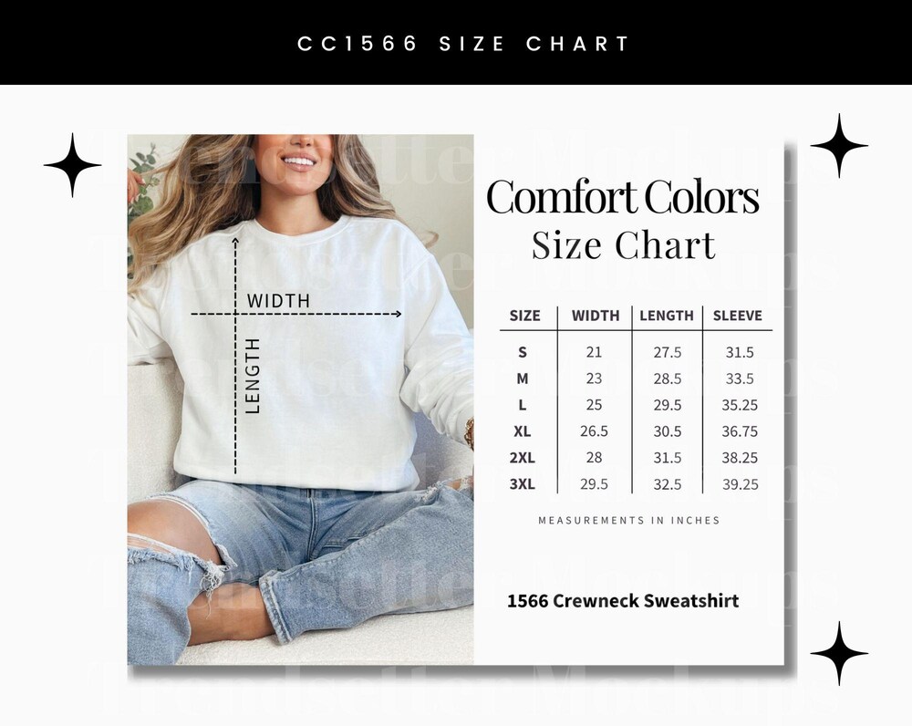 Comfort Colors 1566 Size Chart, Cc1566 Adult Crewneck Sweatshirt, Unisex Size Chart Pod, Instant Download, High-Quality, Real Person Model