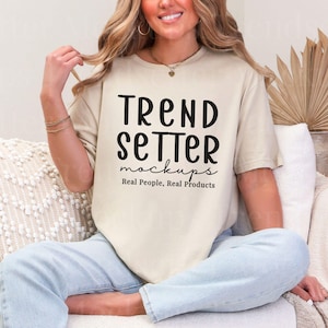 Gildan 64000 Sand Mockup | G64000 Sand T-Shirt Mock-up | Real Person Model | Trendy G640 Tan Teeshirt Boho Aesthetic