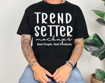 Gildan 64000 Black Mens Mockup, G64000 Simple Tee Mock-up, Trendy Male Model, High Quality G640 PNG, Real Human Model