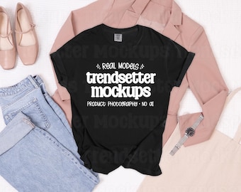 Comfort Colors 1717 Black Mockup, CC1717 T-Shirt Flat Lay, Casual Office Tee, No AI