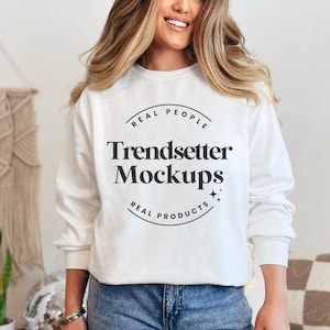 Comfort Colors 1566 White Mockup, CC1566 White Crewneck Sweatshirt Boho Mock-up, Trendy Minimalist White Pullover, Real Person Model