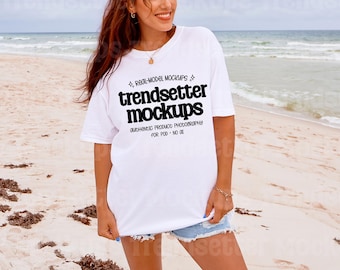 Comfort Colors 1717 White Mockup, CC1717 T-Shirt, Beach Lifestyle