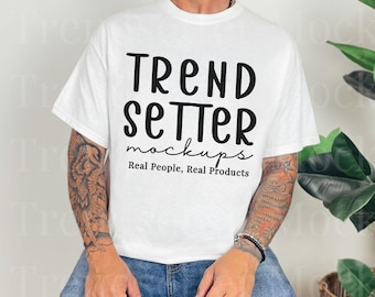 Gildan 5000 White Mens Tshirt Mockup, G5000 Male Mock-up, Oversized Tee Shirt Mockup, Real Human Mock, Trendy Minimalist Casual