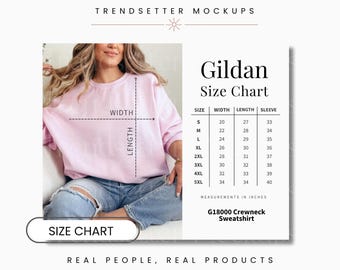 Gildan G18000 Size Chart, G18000 Crewneck Sweatshirt Measurements, Real Model