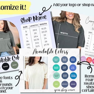 Editable Comfort Colors 1717 Color and Size Chart, CC1717 Teeshirt Color Swatch Chart, C1717 Unisex Size Chart, Customizable Canva Template