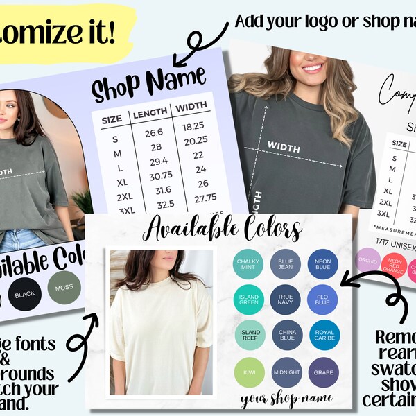 Editable Comfort Colors 1717 Color and Size Chart, CC1717 Teeshirt Color Swatch Chart, C1717 Unisex Size Chart, Customizable Canva Template