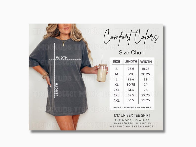 Comfort Colors 1717 size chart overlay on a sand-colored t-shirt worn by a female model. The chart displays high-resolution measurements for small through 4XL in a minimalist, neutral aesthetic. Real human model - no AI.
