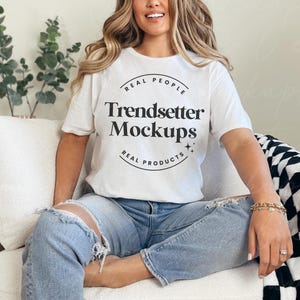Gildan 64000 White TShirt Mockup, G64000 Simple Oversized Tee Mock-up, Trendy Checkered Mock, High Quality PNG, Real Person Model