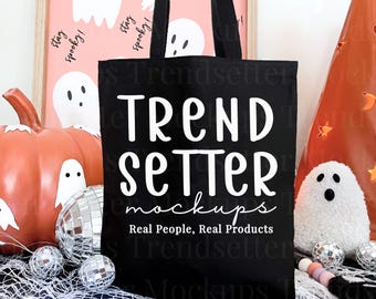 Mockup di borsa tote nera, Mockup di borsa in tela di Halloween, Mockup estetico di palla da discoteca, Mockup di borsa della spesa fantasma, Catch All autunnale di zucca alla moda