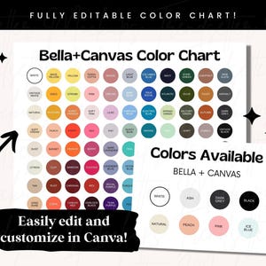 Tabla de colores editable Bella + Canvas, tabla de colores Bella Canvas 3001, plantilla de tabla de colores Canva, tabla CVC BC, tabla de colores triblend BC