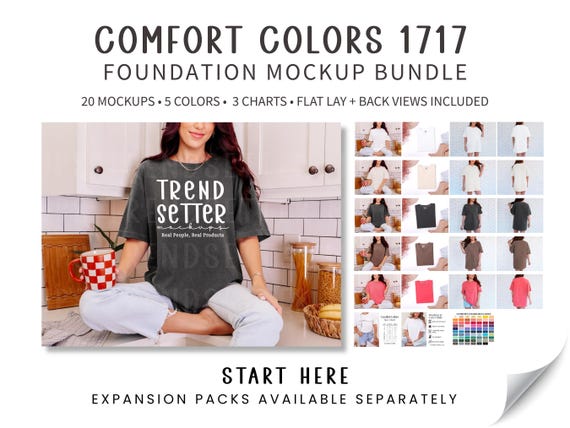 Comfort Colors 1717 Mockup Bundle: CC1717 T-Shirt Mockups, Size Chart, Care Guide & Color Chart, POD Foundation Launch Kit, Real Models
