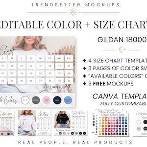Bearbeitbare Gildan 18000 Canva Vorlage, Größen- und Farbtabelle für G18000 Rundhals-Sweatshirt