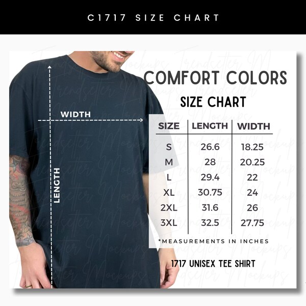 Mens Comfort Colors C1717 Size Chart, 1717 Comfort Colors Unisex Size Chart, Mens Size Chart, Comfort Colors Mockups