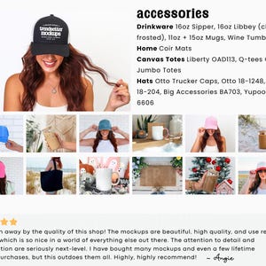 May include: A black trucker cap with the text "trendsetter mockups" in white is worn by a person. The image also displays various accessories, including drinkware, coir mats, canvas totes, and other hats.