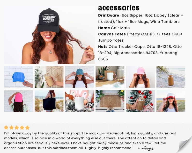 May include: A black trucker cap with the text "trendsetter mockups" in white is worn by a person. The image also displays various accessories, including drinkware, coir mats, canvas totes, and other hats.