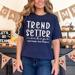 Bella Canvas 3001 Navy Mockup, BC3001 Fall Football Mock-Up, Trendy Game Day Oversized Tshirt Model for Sublimation, Real Person Model