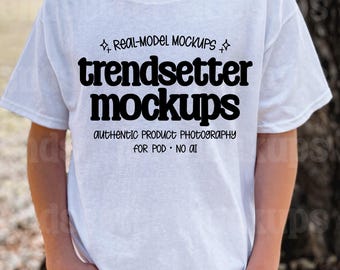Gildan 5000B White T-Shirt Mockup, Kids Youth Tee, Outdoor Lifestyle, Real Person Model