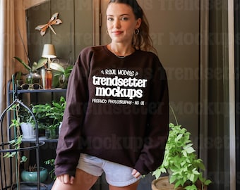 Gildan 18000 Dark Chocolate Mockup, G18000 Crewneck Sweatshirt, Boho Lifestyle, Real Person Model