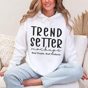 Comfort Colors 1467 White Hoodie Mockup | CC1467 White Hooded Sweatshirt Mock-up | Real Person Model | Trendy Boho Aesthetic