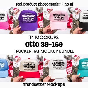 May include: A selection of trucker hat mockups in shades such as pink, purple, light pink, black, blue, red, white, and teal. Each hat displays the text "trendsetter mockups". The image also includes the text "Otto 39-169 Trucker Hat Mockup Bundle".