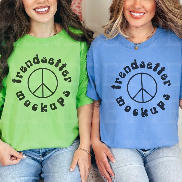 Comfort Colors 1717 Kiwi and Mystic Blue Sister Mockup, C1717 Trendy Friends Mock-up, Couple Group Mock, POD Seller Tools